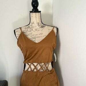 Brown suede pant jumpsuit.
